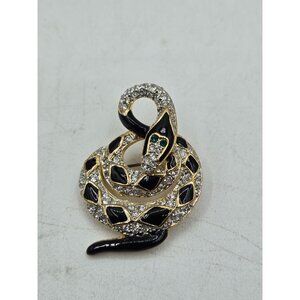 Vintage Black Enameled and Gold Tone Coiled SNAKE Brooch with Green Eyes